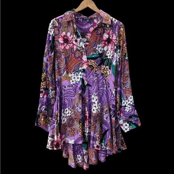 Roaman’s Floral Top Sz 18W Purple Paisley Blouse Long Sleeve High Low Tunic Boho - Picture 1 of 7